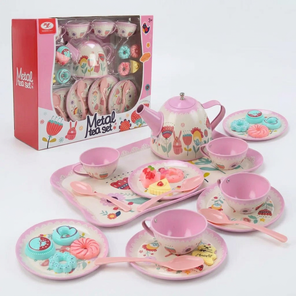 Metal Tea Set – Spring Flowers Pink Tea Party Toy for Kids (Ages 3+)