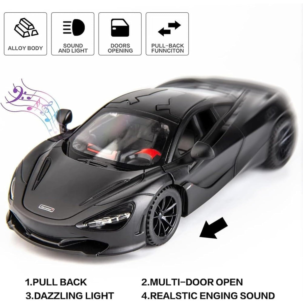Scale1:24(McLaren 720S ) Metal Pull Back withLight and Music