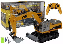 Large excavator with remote control, with LED lighting, a moveable arm, and a metal bulldozer