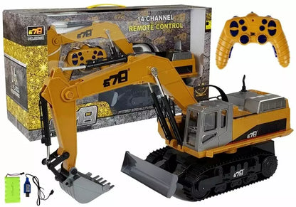 Large excavator with remote control, with LED lighting, a moveable arm, and a metal bulldozer