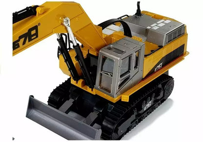 Large excavator with remote control, with LED lighting, a moveable arm, and a metal bulldozer