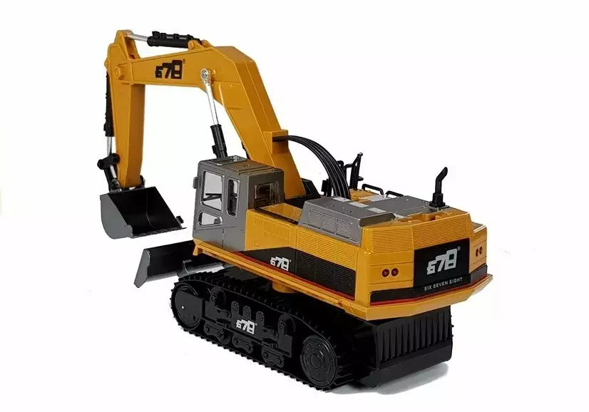 Large excavator with remote control, with LED lighting, a moveable arm, and a metal bulldozer
