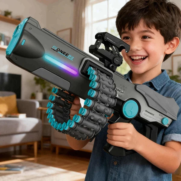 Blast of Flames Pioneers Foam Dart Launcher – 30-Round Bullet Chain, Electric/Manual Dual Mode