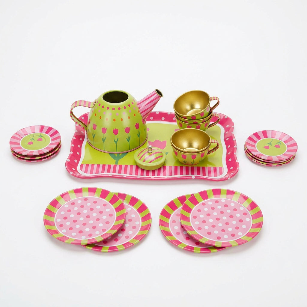 Tinplate 15-Piece Metal Tea Set – Colorful Tulip Tea Party Toy for Kids